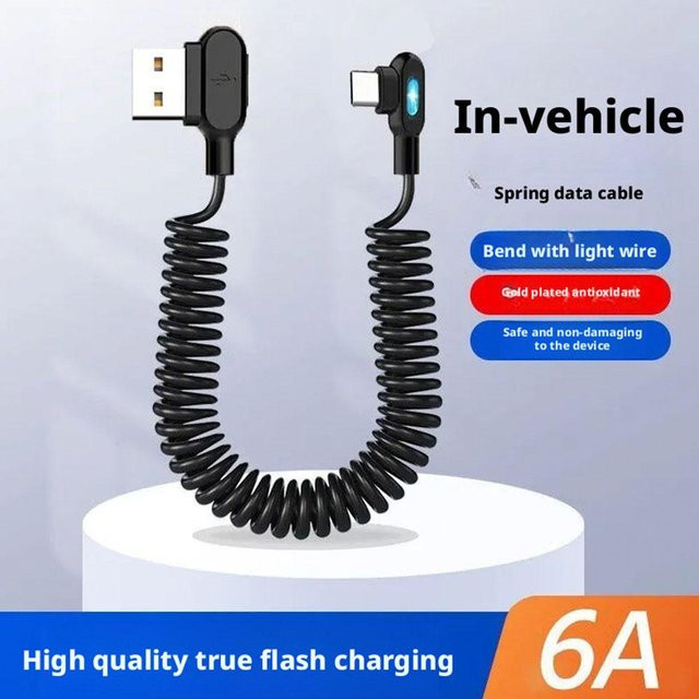 USB-C Schnellladekabel mit 6A Dual 90 Grad abgewinkeltem Stecker und leuchtender Lichtfederspule in Schwarz für Huawei und Honor Smartphones - Bild 1