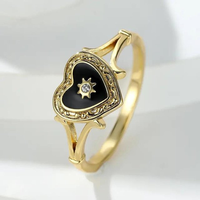 Huitan Ringe, Schwarze Herz Emaille, Zirkonia, Damen - Bild 1