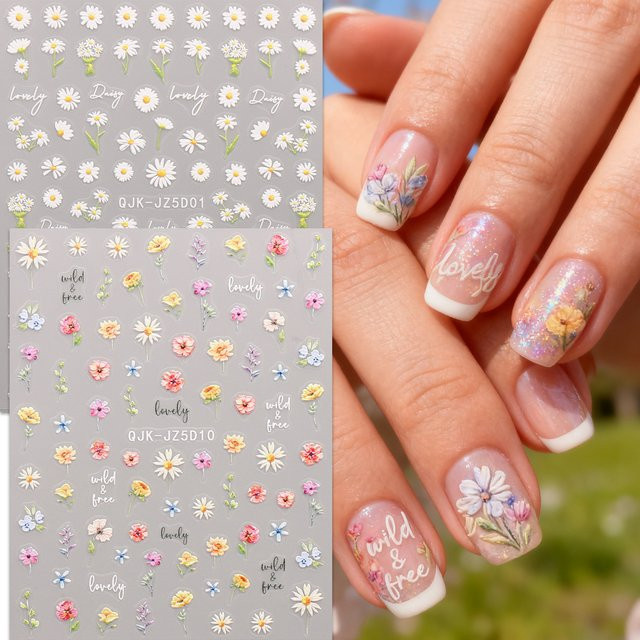 Nagelkunstaufkleber Frühlingsblumen und Gras, 2 Stück, Blau, Glänzend - Bild 1