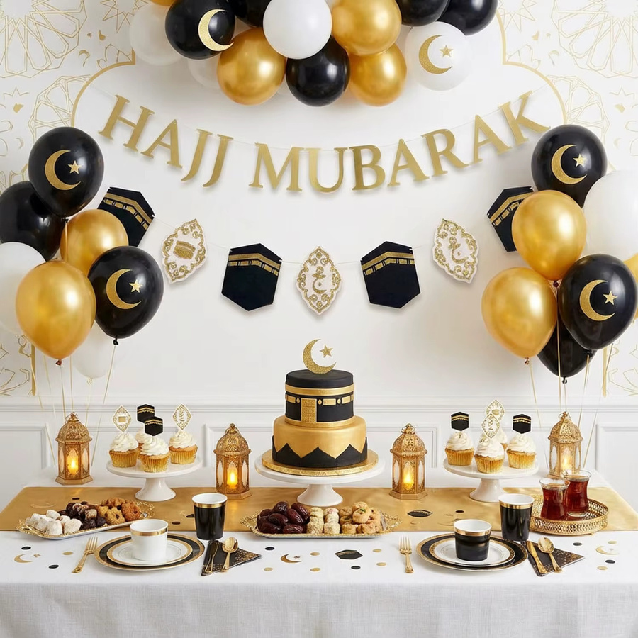 AFYPRTY Hajj Mubarak Banner mit Kaaba-Muster in Schwarz-Gold aus Papier für die Islamische Hajj-Pilgerfahrt und Eid al-Adha Party Dekoration - Bild 3
