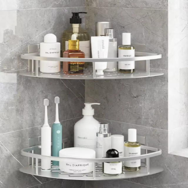 YANKE 2er-Set Selbstklebende Badezimmer-Duschablage in Silber, Eckregal und Shampoohalter ohne Bohren - Bild 1
