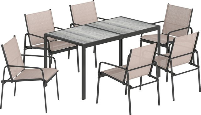 Outsunny 7-teiliges Gartenmöbel-Set mit Tisch und 6 Stühlen in Beige, Tisch mit Holzoptik und Stühle mit atmungsaktiven Sitzen, verzinkter Stahlrahmen für Terrasse und Garten - Bild 1