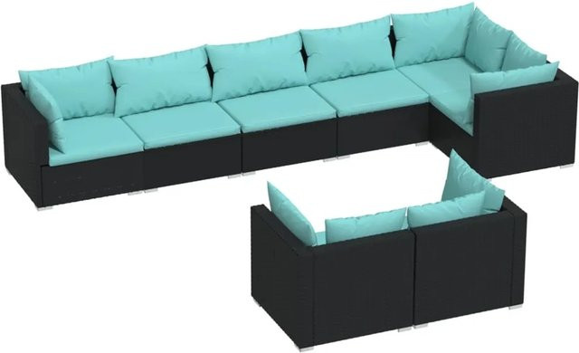 vidaXL 8-tlg. Garten-Lounge-Set in L-Form aus Poly-Rattan und Metall mit blauen Kissen in Schwarz - Bild 1