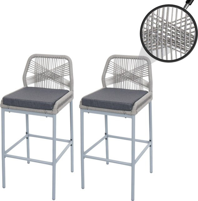 2er-Set MCW Rope-Barhocker O21 aus Metall mit Seilgeflecht in Hellgrau und dunkelgrauen Kissen, B/T/H: 52 x 45 x 101 cm - Bild 1