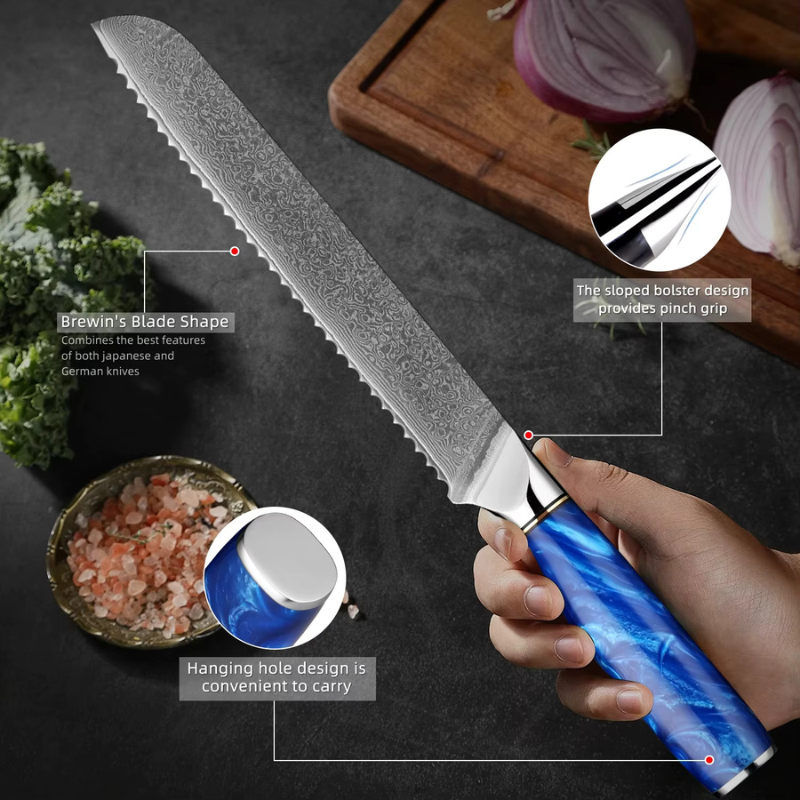 Xituo Brotmesser aus 67-lagigem Damaststahl mit blauem Harzgriff, Länge: 20,3 cm - Bild 3