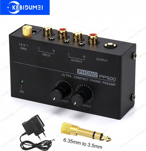 Kebidumei Phono-Vorverstärker in Schwarz mit Stufenlautstärkeregler, RCA-Eingang und 1/4 Zoll TRS-Ausgang für Plattenspieler - Bild 1
