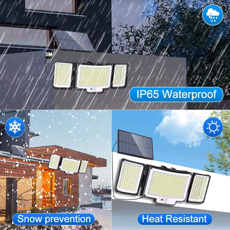 Solar-Außenleuchte mit 366 LED und Bewegungssensor, IP65 wasserdichte Solar-Sicherheitsleuchte mit Fernbedienung und 1800 mAh Akku, 3-Kopf-Weitwinkel-Flutlicht in Schwarz für den Garten - Bild 6