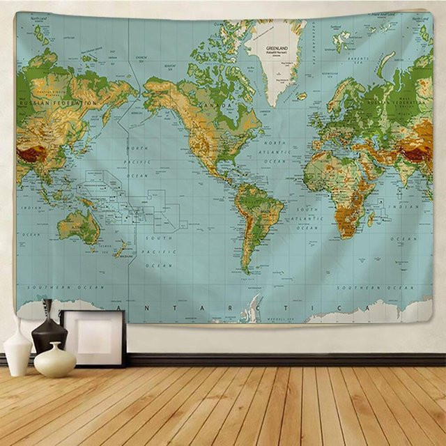 Weltkarten Wandteppich mit Aquarell-Design aus Polyester, Wandbehang in Mehrfarbig, Breite: 150 cm, Höhe: 100 cm - Bild 1