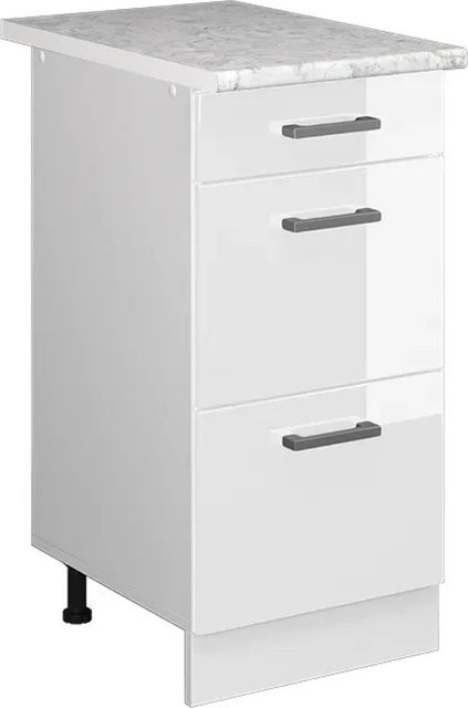 Vicco Küchenunterschrank R-Line in Weiß Hochglanz mit Schubladen und Marmor-Optik, Breite: 40 cm, Höhe: 81,6 cm, Tiefe: 60 cm - Bild 1