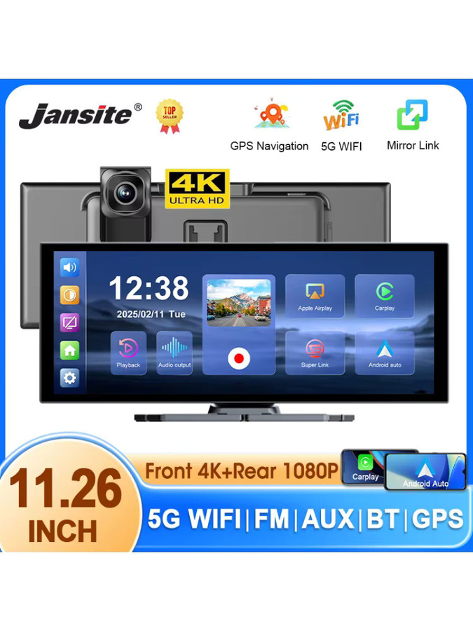 Jansite 11,26 Zoll Auto-Monitor mit 4K UHD Dashcam, Touchscreen, kabellosem CarPlay, Android Auto, GPS und Bluetooth in Schwarz - Bild 5