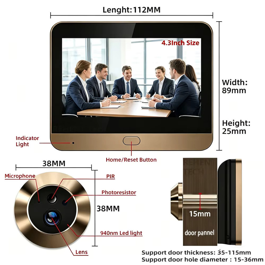 iTenen Digitaler WLAN Türspion mit 4,3 Zoll Display, 3,0 MP Kamera, 5000 mAh Akku, 140 Grad Weitwinkel, Nachtsicht und KI-Bewegungserkennung in Gold - Bild 6