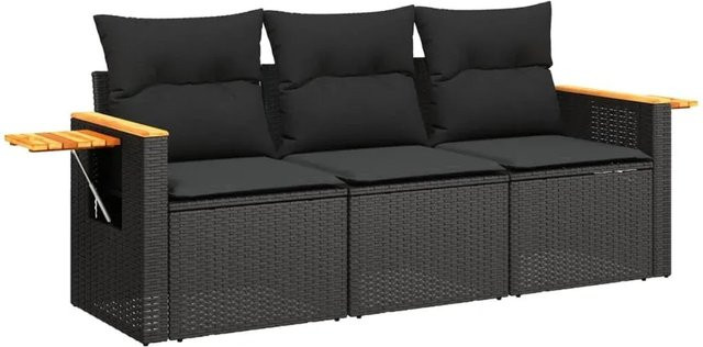 vidaXL 3-tlg Garten-Sofagarnitur aus Polyrattan in Schwarz mit Kissen und Armlehnen - Bild 1