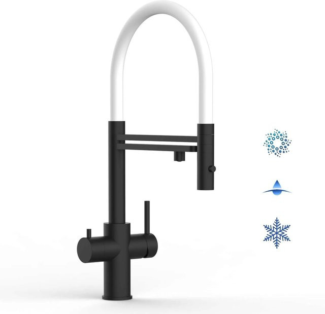 VIZIO Küchenarmatur aus Edelstahl mit 5-Wege-Wasserhahn, 360° schwenkbarem Auslauf und abnehmbarer 2-Strahl Handbrause in Schwarz Matt - Bild 1