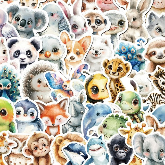 Rspctou Aquarell Tiere Aufkleber, Wasserdichte Kawaii Cartoon Aufkleber für Kinder, DIY Dekoration für Telefon und Laptop, Mehrfarbig - Bild 1