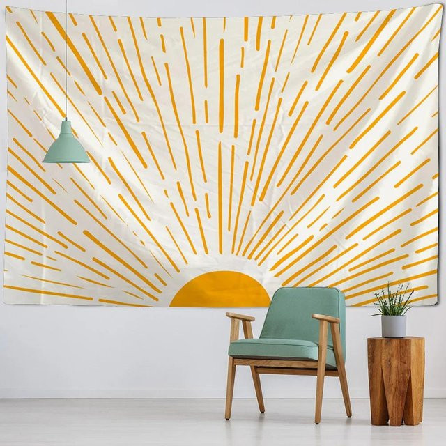 Bohemian Retro Sonne Wandteppich von JMG Household Supplies, minimalistische geometrische Illustration in Gelb, Wandbehang für Wohnzimmer und Schlafzimmer, B: 150 cm, H: 130 cm - Bild 1