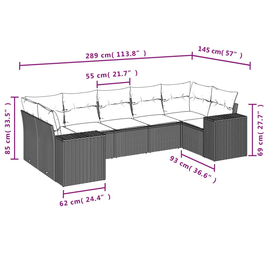 vidaXL 7-tlg. Garten-Sofagarnitur L-Form aus Polyrattan in Braun mit Kissen und pulverbeschichtetem Stahlgestell - Bild 3