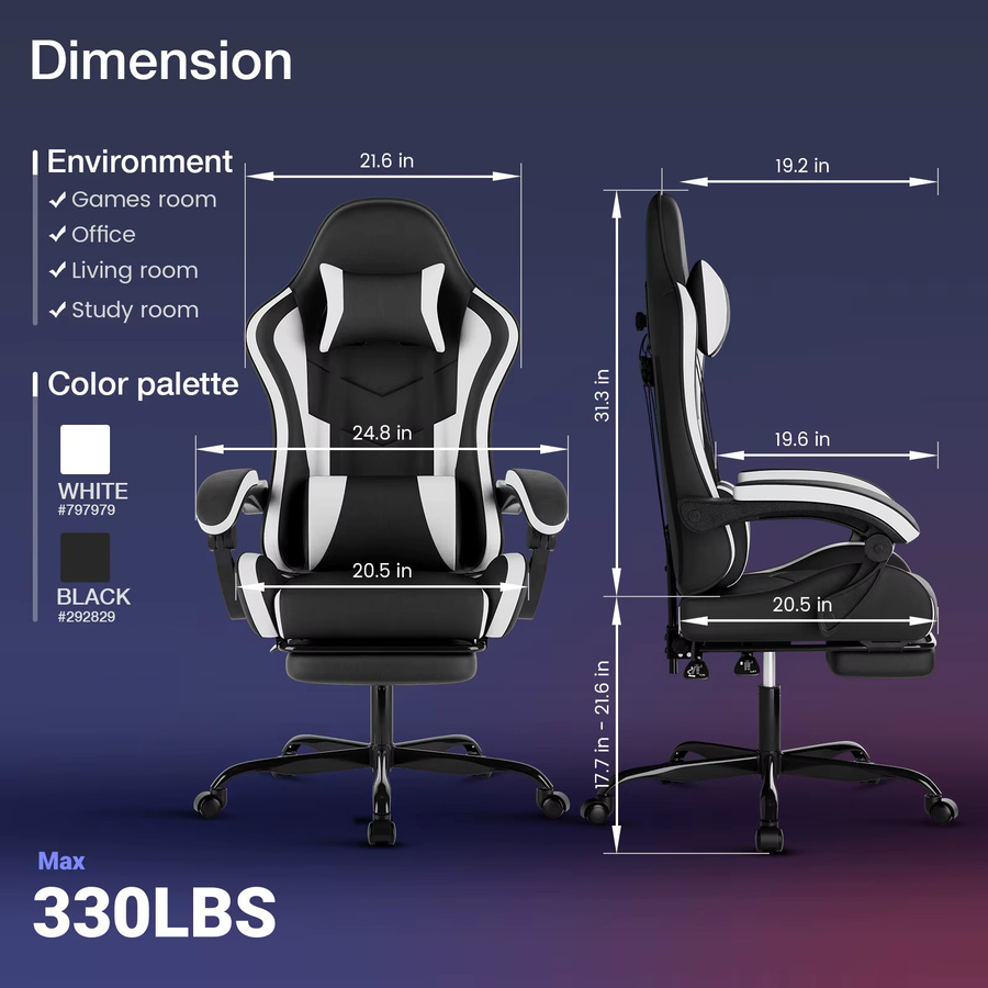WOTSTA Ergonomischer Racing-Gaming-Stuhl aus Kunstleder mit Kopfstütze und Lendenwirbelstütze, verstellbarer drehbarer Bürostuhl in Schwarz-Weiß - Bild 2
