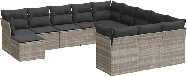 vidaXL 12-tlg. Garten-Sofagarnitur in L-Form mit Kissen, Hellgrau, Poly-Rattan und Metallgestell - Bild 1