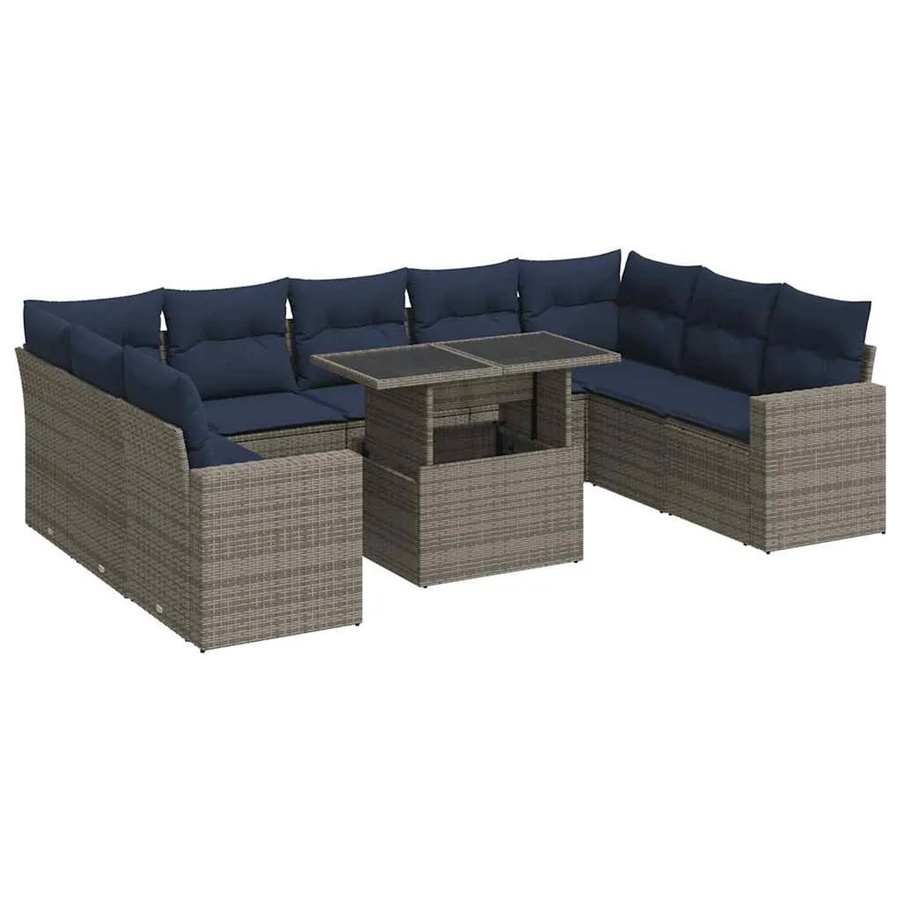 vidaXL 10-tlg. Garten-Sofagarnitur in L-Form aus Polyrattan und Akazie mit grauen Kissen - Bild 2