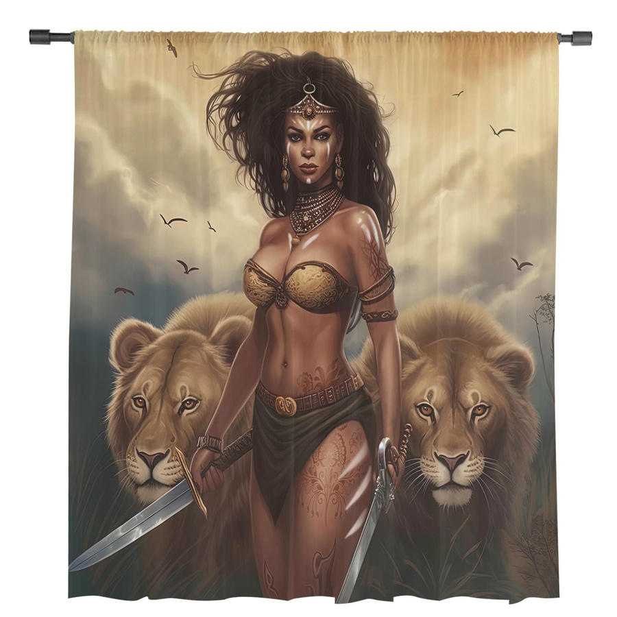 Transparente Vorhänge Afrikanische Savanne mit Löwen-Motiv aus Tüll, Voile und Organza, B: 135 cm, H: 115 cm - Bild 4