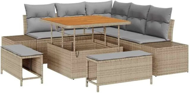 vidaXL Garten-Sofa-Set 8-teilig aus Poly-Rattan in Beige mit Kissen und Tisch im modernen geflochtenen Design - Bild 1