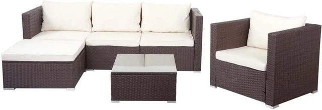 MCW Poly-Rattan-Garnitur Busto Lounge-Set in Braun mit Cremefarbenen Kissen und Tisch mit Glasplatte - Bild 1