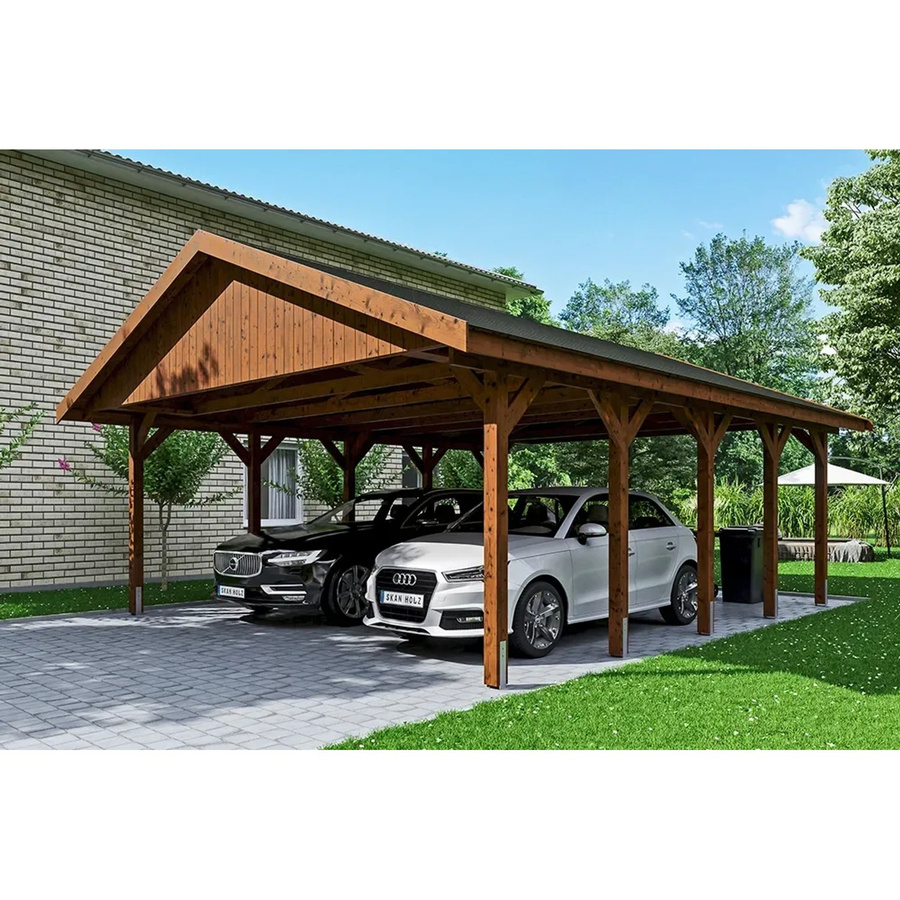 Skan Holz Carport Wallgau Satteldach aus Nadelholz in Nussbaum Braun mit schwarzen Dachschindeln B/T: 620 x 750 cm, Höhe: 354 cm - Bild 2