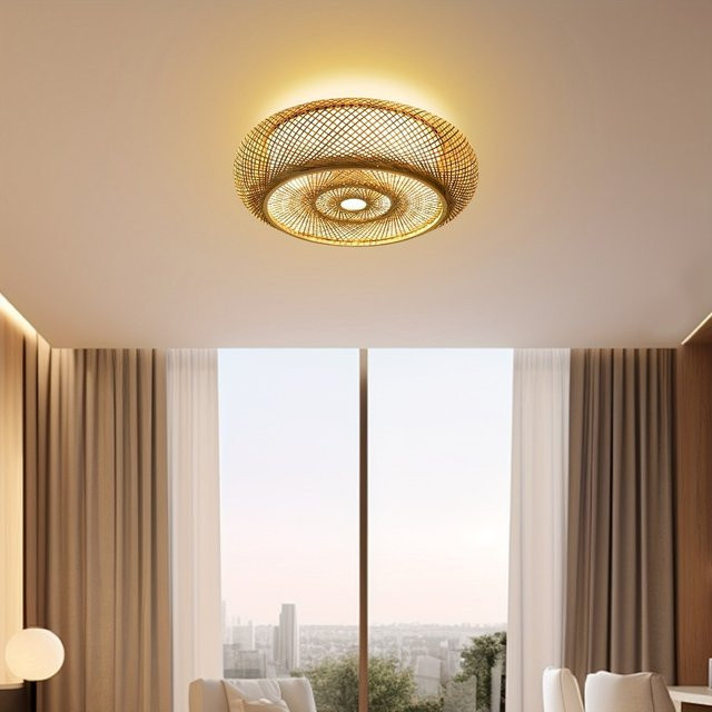 JOYINLED Vintage Deckenleuchte aus Bambus und Rattan in Braun, runde Korbgeflecht-Lampe im Retro-Design - Bild 1