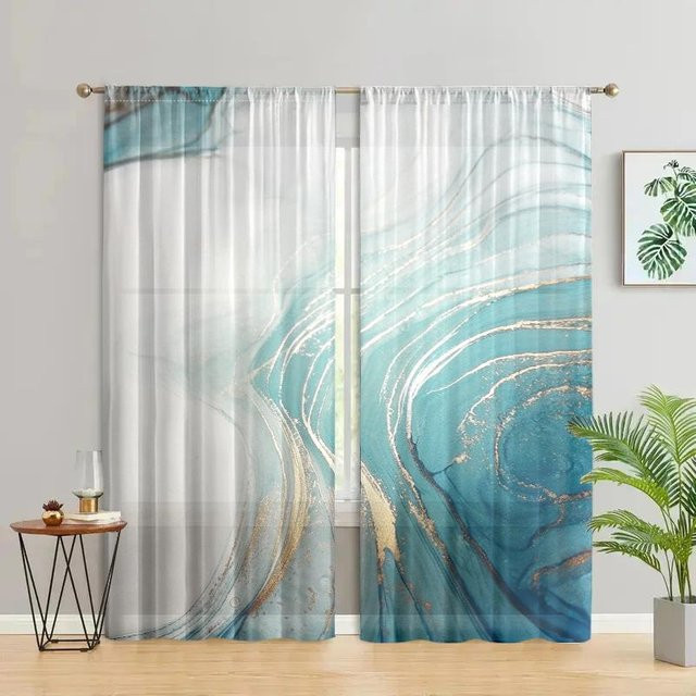 2er-Set elegante Vorhänge mit Kieferngrün und Goldmarmorstruktur, semi-transparent, Breite: 150 cm, Höhe: 166 cm - Bild 1
