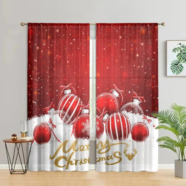 2er-Set Weihnachtsvorhänge mit Weihnachtskugeln und Schneeflocken, braun, semi-transparent, B: 150 cm, H: 166 cm - Bild 1