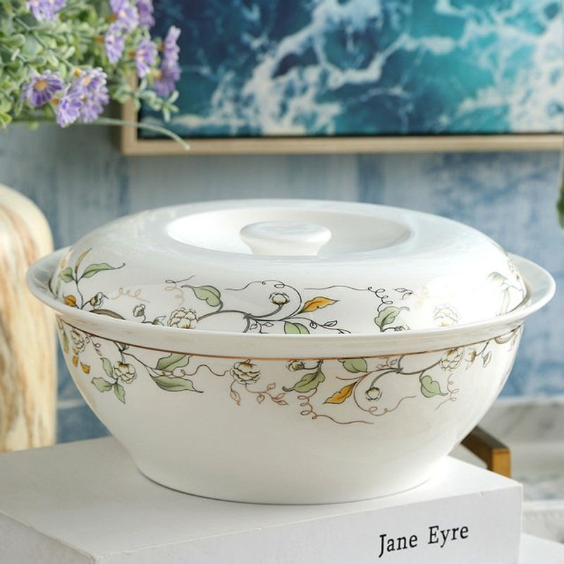 Japanische Suppenschale aus Bone China mit Deckel, weiß und gold mit floralem Wellen- und Blattmuster, Durchmesser: 22,9 cm - Bild 1