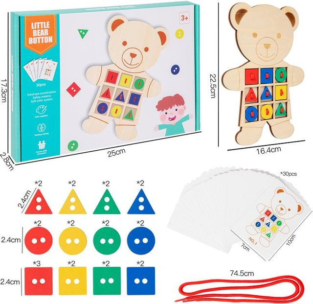 Binchi Fitness Montessori Bär Knopf Fädelspiel, Holz, ab 3 Jahre - Bild 1