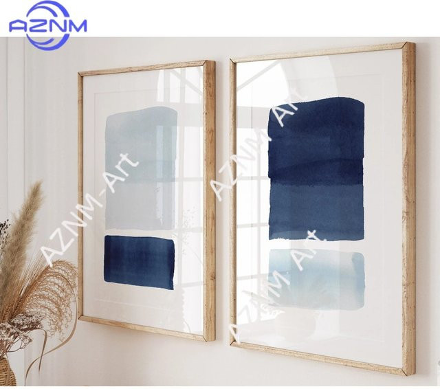 AZNM Wandkunst-Set mit 2 abstrakten Meereslandschafts-Postern in Blau, minimalistische Aquarell-Drucke für dein Badezimmer - Bild 1