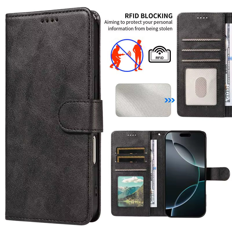 RFID Flip Wallet Lederhülle für OnePlus 15 in Schwarz mit NFC-Schutz - Bild 2