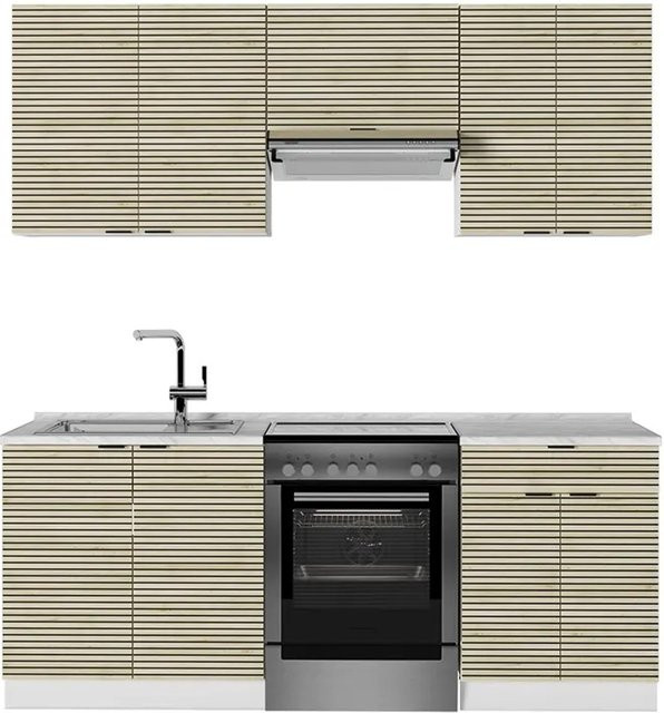 Vicco Fame-Line Küchenzeile Eiche Paneel und Weiß mit Soft-Close-Türen Breite: 200 cm, Höhe: 82 cm, Tiefe: 52 cm - Bild 1