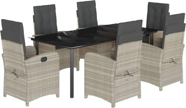 vidaXL 7-teilige Garten-Essgruppe aus Poly Rattan mit Kissen und Glastisch in Hellgrau - Bild 1