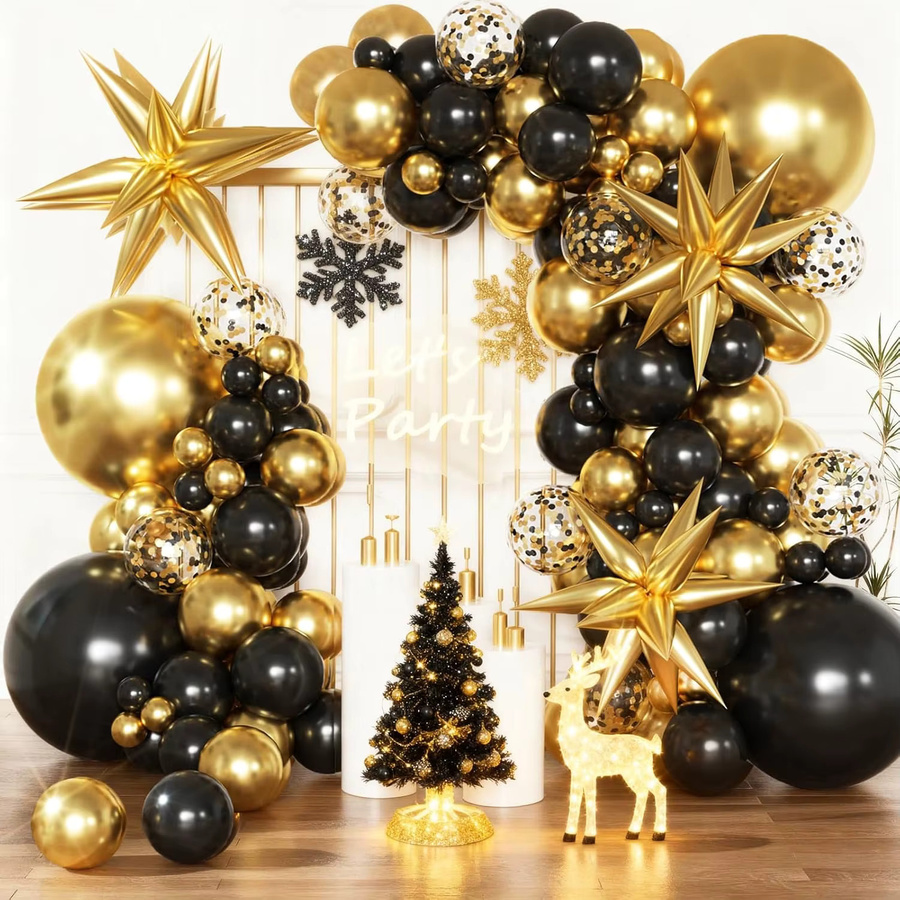YAYB Luftballon Girlandenbogen-Set in Schwarz und Gold mit Sternen für Geburtstag, Jahrestag und Abschlussfeier, 137 Stück - Bild 5
