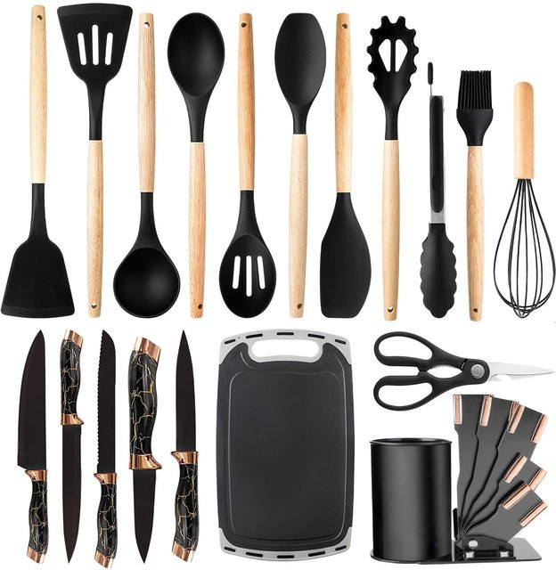 Hitzebeständiges Kochutensilien-Set aus Silikon von Artleeh in Schwarz mit Wender und Spatel - Bild 1