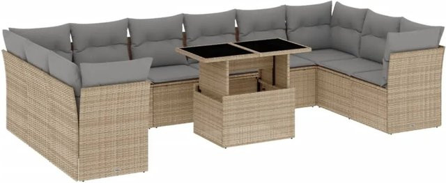 vidaXL 11-teilige Garten-Sofagarnitur aus Polyrattan in Beige mit Kissen und Gartentisch - Bild 1