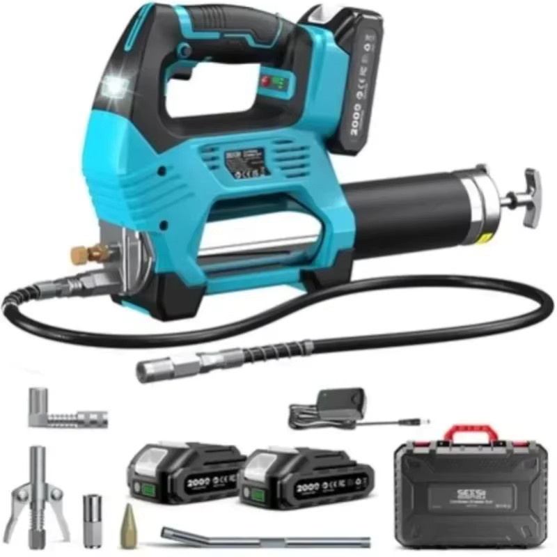 Seesii Elektrische Fettpresse Set Blau mit 2,0 Ah Akku, 12000 PSI Hochdruck-Schmiermaschine, 39,4 Zoll Flexibler Schlauch und LED-Licht - Bild 1