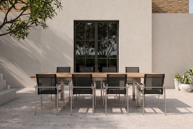 OUTFLEXX Garten-Essgruppe aus Teakholz, Edelstahl und Textilene in Natur/Anthrazit mit Ausziehtisch und 8 Diningsesseln, B/T/H: 220/340 x 100 x 75 cm - Bild 1