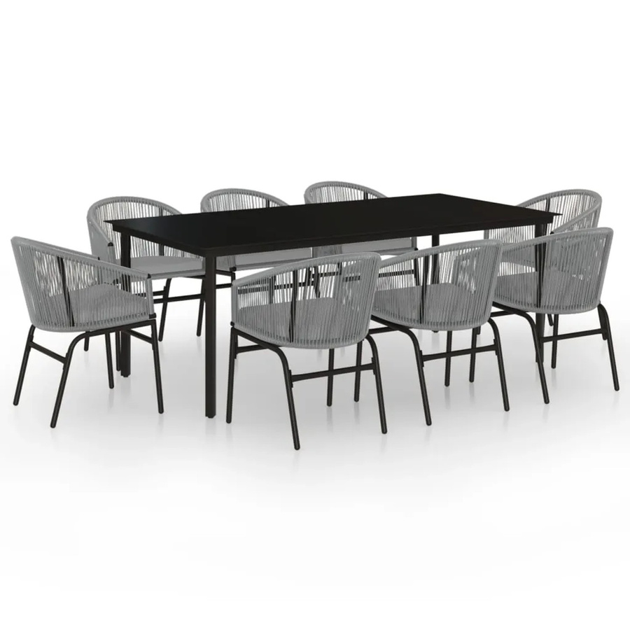 vidaXL 9-teilige Garten-Essgruppe in Grau mit Tisch aus gehärtetem Glas und Polsterstühlen aus PVC-Rattan und pulverbeschichtetem Stahl - Bild 2