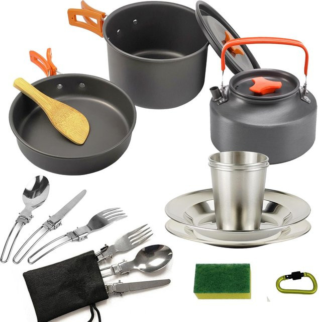 Binchi Outdoor Camping Kochgeschirr Set aus Aluminium in Orange mit Teekanne und Picknick-Platte - Bild 1