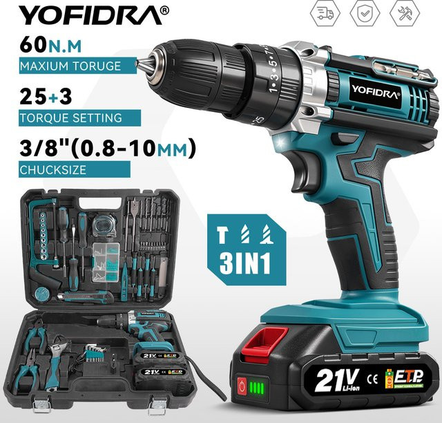 YOFIDRA Elektrische Schlagbohrmaschine mit 32/53-teiligem Werkzeug-Set und 21V Akkuschrauber kompatibel mit Makita LXT Batterien, 60 N.m Drehmoment - Bild 1