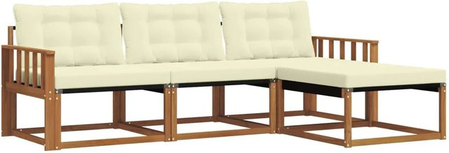 vidaXL Outdoor-Sofagarnitur L-Form aus Akazienholz mit Polstern und Ottoman, 4-teiliges Gartenmöbel-Set in Natur und Beige - Bild 1