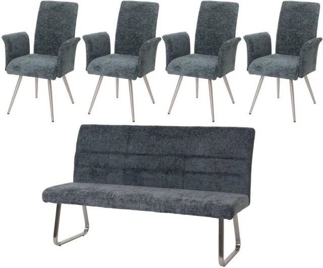 MCW Esszimmer-Set G55 mit 4 Stühlen mit Armlehnen und einer 180 cm langen Sitzbank in Blau-Grün aus Chenille und gebürstetem Edelstahl - Bild 2