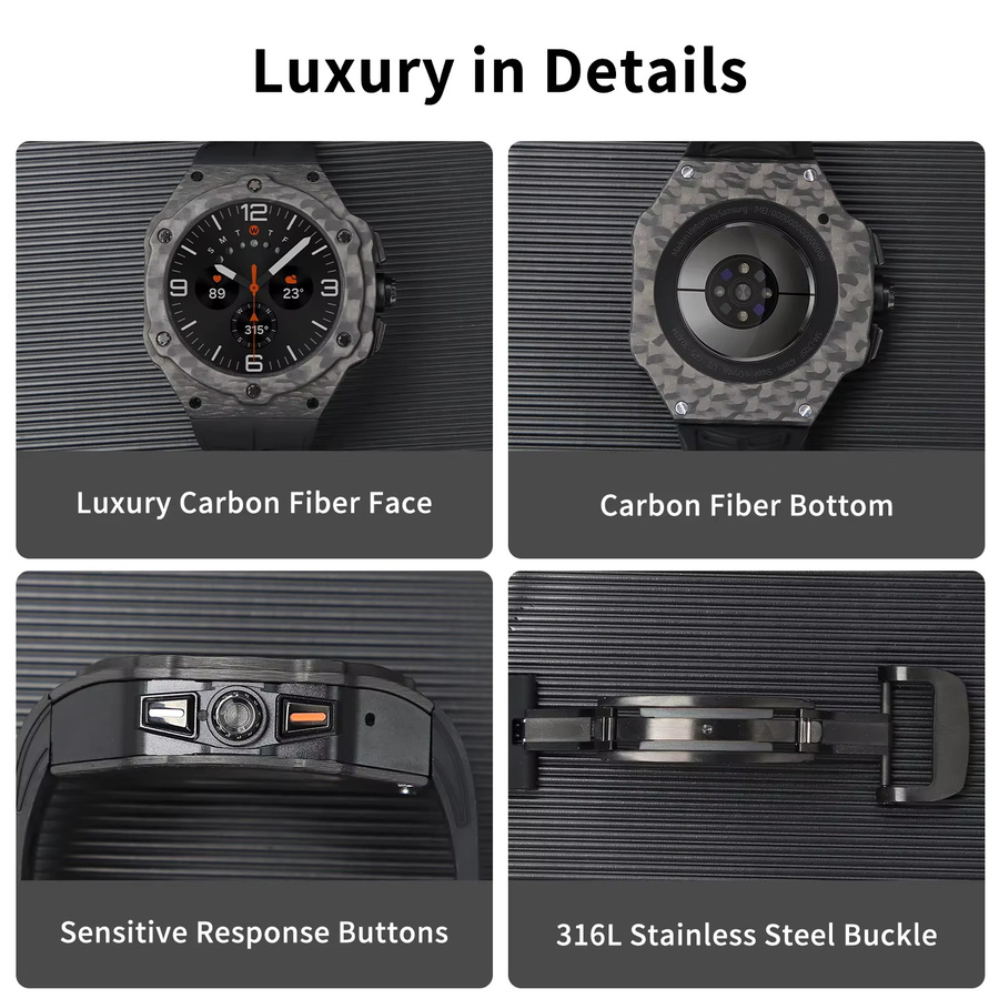 CAOWTAN Carbon-Faser Modifikationskit für Samsung Galaxy Watch Ultra 2025 mit Carbon-Gehäuse und Gummiarmband in Schwarz - Bild 4