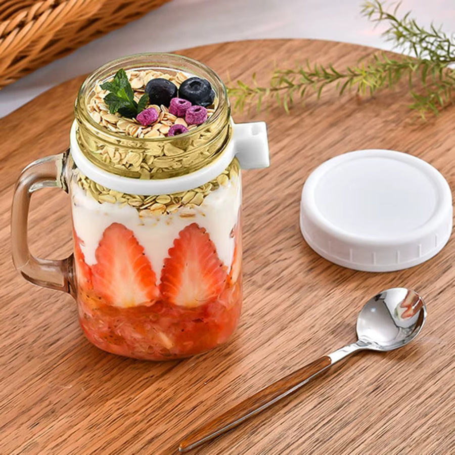 Weithalsglas für Overnight Oats und Joghurt mit Deckel und Löffel, auslaufsicherer Frühstücksbehälter aus Glas, 450 ml, transparent/grau - Bild 2