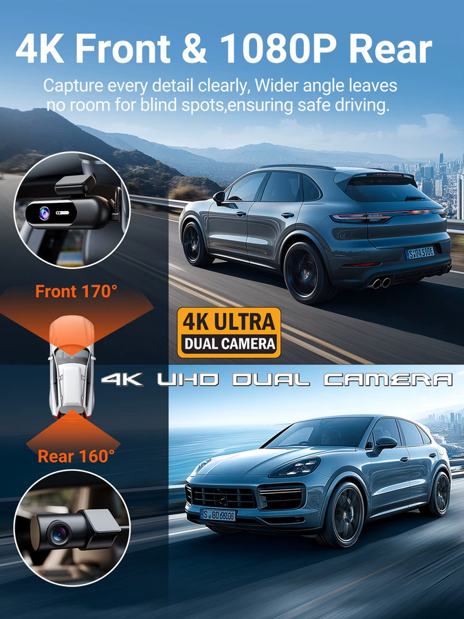 GMAIPOP Dashcam mit 4K UHD Aufnahme, Vorder- und Rückkamera, HDR Nachtsicht, WLAN und 24H Parkmodus in Schwarz - Bild 2