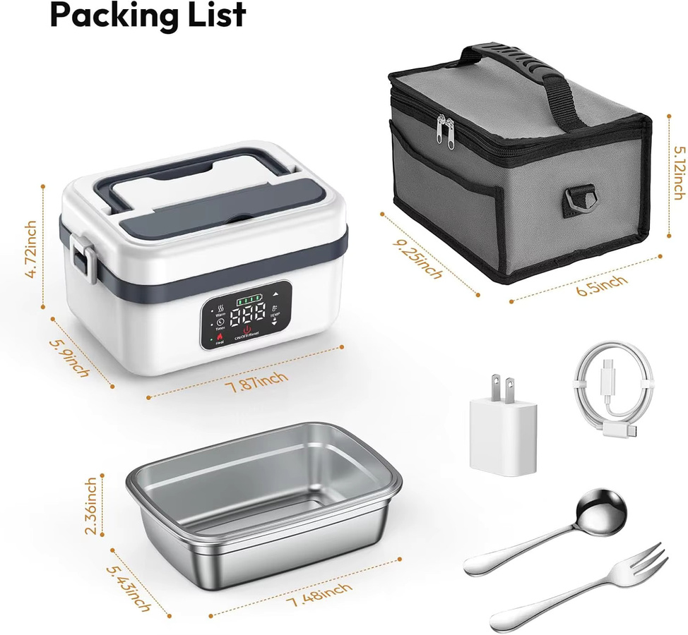 Betuyoo Tragbare Wiederaufladbare Selbsterhitzende Lunchbox in Weiß mit 4x4000mAh Akku für Arbeit, Reise und Büro - Bild 4